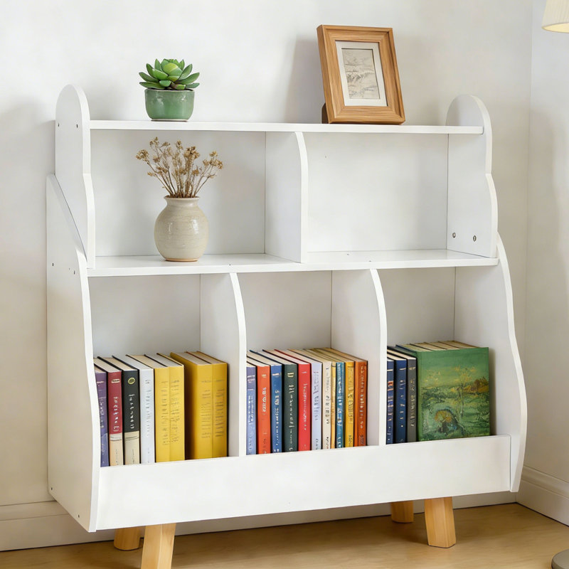 Bibliothèque en bois pour enfants avec 5 bacs de rangement pour jouets, bord ondulé à 3 niveaux pour chambre de bébé