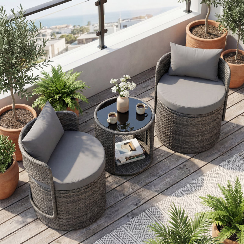Cambelle 3-Piece Outdoor Rattan Conversation Set with Cushions – 2 Open Storage Chairs + Round Coffee Table, Gray