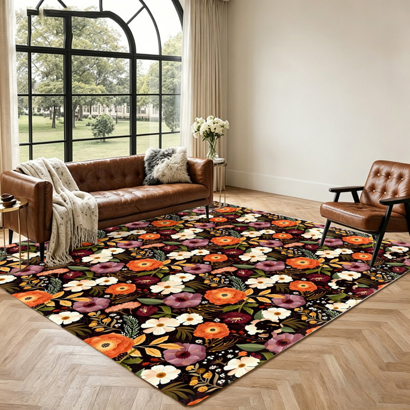 Vibrant Floral Area Rug, Artistic Botanical Pattern Floor Mat, Stain Resistant Non-Slip Indoor Carpet for Living Room, Bedroom, Home Decor
