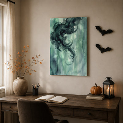 Tourbillons d'encre anthracite sur toile vert d'eau pour l'Halloween