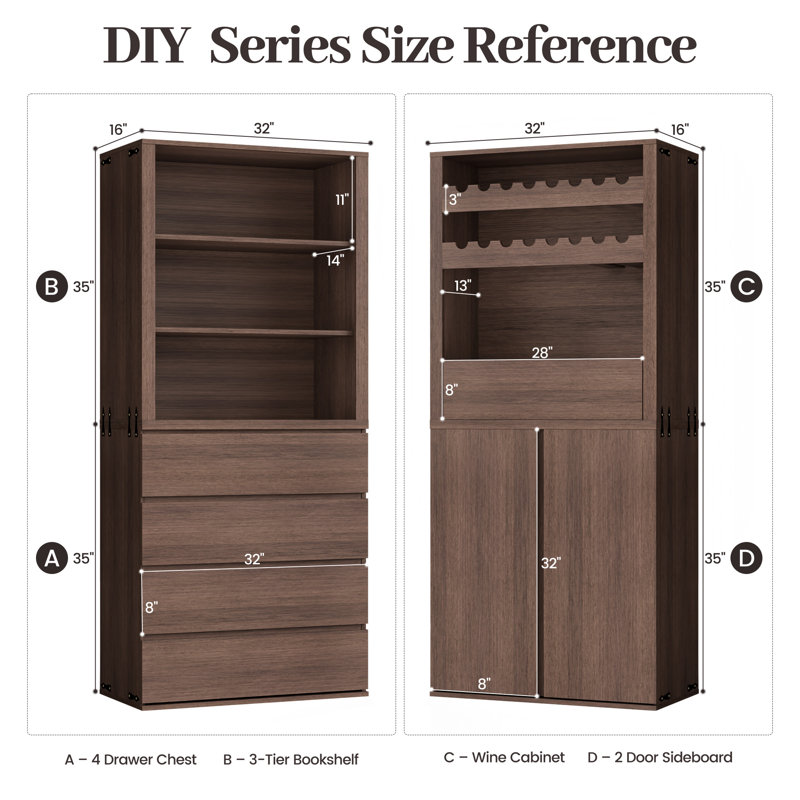 Modern Farmhouse 2-Piece Storage Cabinet Set, 71" H Wall Unit Bookcase With 4 Drawers And Open Shelves Organizer Walnut