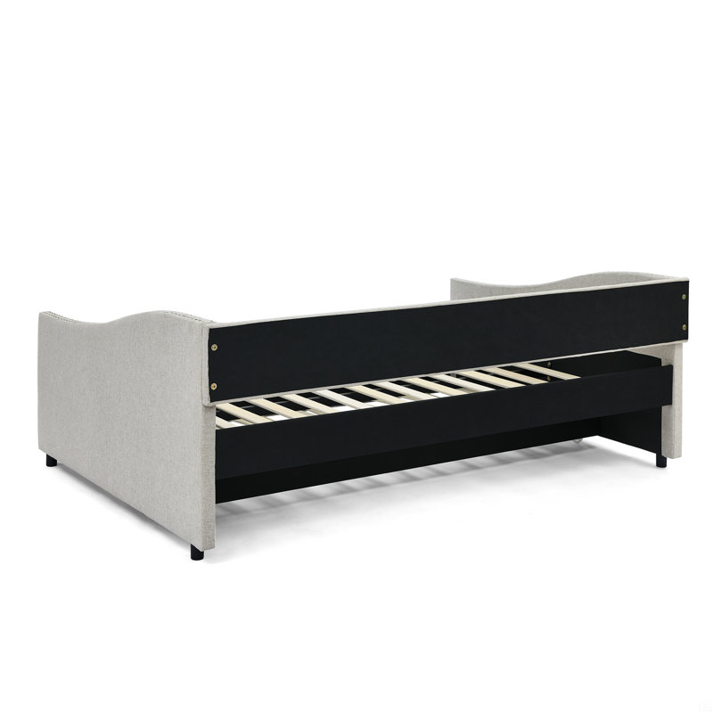Daybed With Twin Size Trundle Upholstered Tufted Sofa Bed, With Button On Back And Copper Nail On Waved Shape Arms, Beige