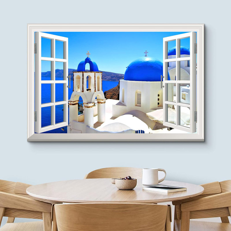Fenêtre, paysage d'églises de Santorin, Grèce et océan bleu sous le ciel clair - impression sur toile tendue