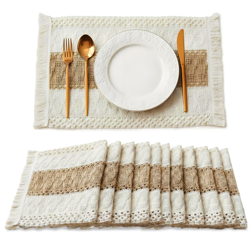 Napperons en lin et coton bohème, 12 pièces crocheté beige et blanc, 12 po x 20 po