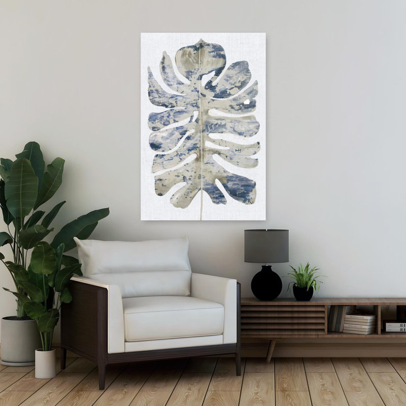 Grande feuille indigo I, art abstrait paysage naturel, H 36 po x l 24 po