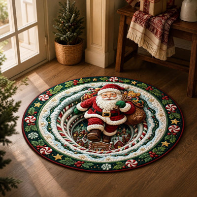 Tapis de Noël rond avec motif Père Noël, imprimé cristal, en velours et envers à pois. Décorations festives de Noël.