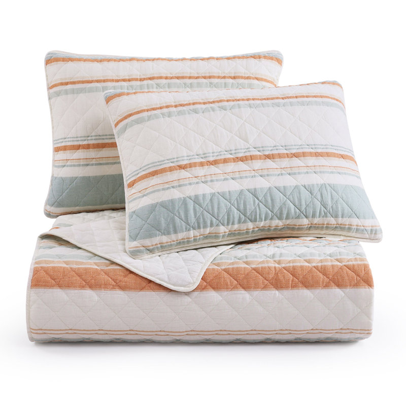 Mystic Stripe Cotton Gauze Shabby Elegance Casual Modern Rustic Lightweight Quilt Set with Pillow Shams, Orange