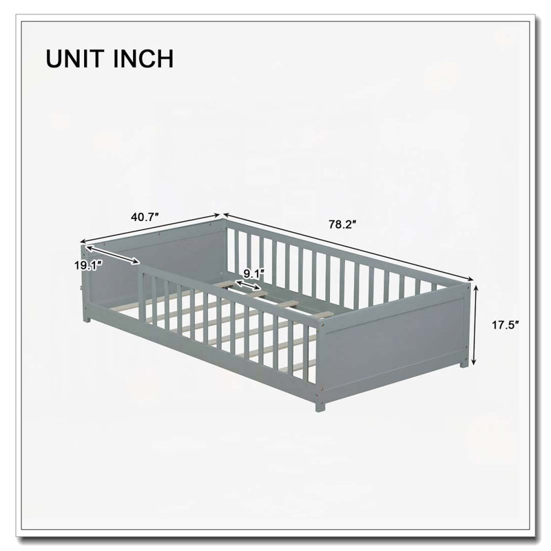 Floor Platform Bed with Built-in Book Rack, Gray