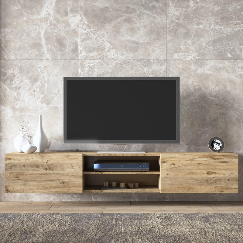 Desmone Modern Floating TV Stand Up to 80" TVs, Wall-Mounted Media Console with Storage, Oak Brown Wood Finish, Brown