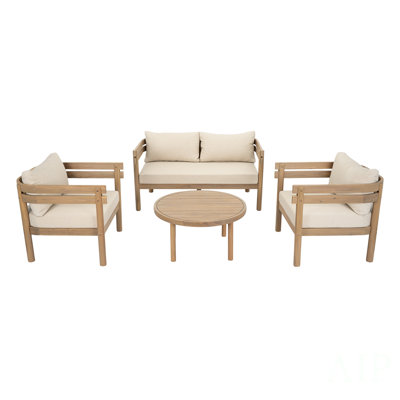 Four Piece Solid Acacia Wood Outdoor Patio Conversation Set With Water Repellent Cushions For Relaxing