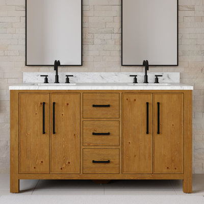 Meuble-lavabo autoportant en chêne Sierra de 60 po avec plateau en marbre blanc de Carrare Lattimore (assemblé)