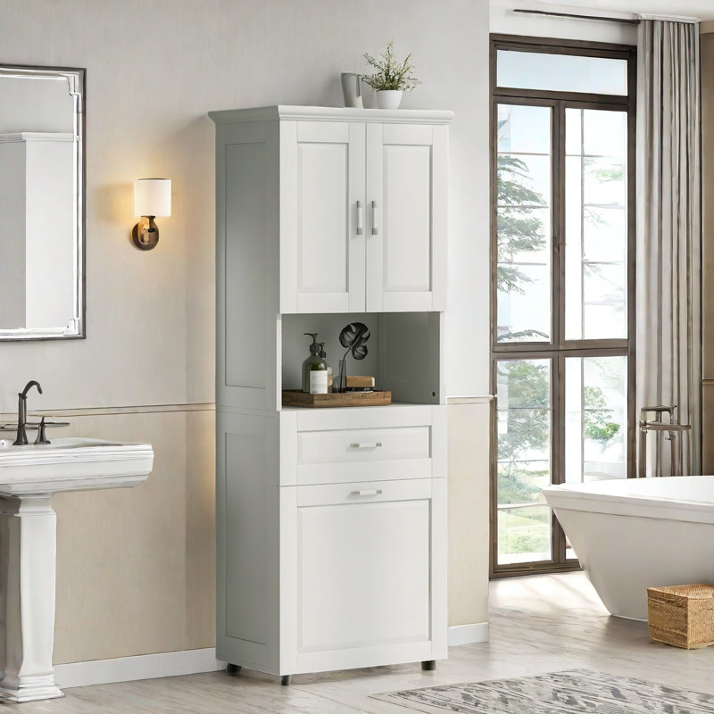 Armoire de salle de bain haute Mubashar avec panier à linge inclinable, armoire de rangement supérieure, tiroir et tablettes ouvertes
