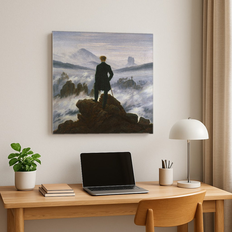 Le Voyageur contemplant une mer de nuages ​​(1818) — Tableau mural carré en métal, H 8 po x l 8 po