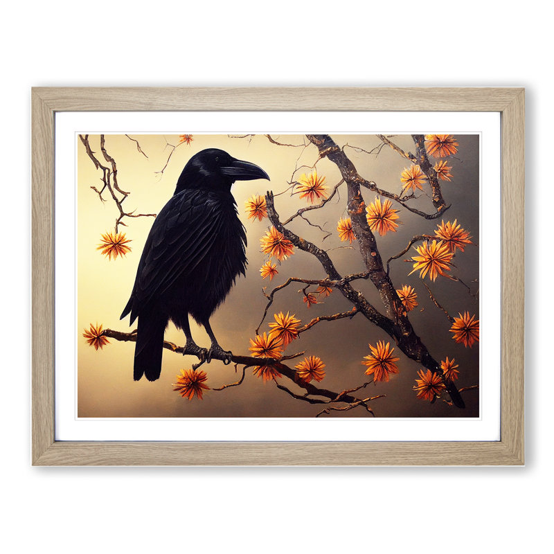 Eye Catching Crow Bird - Single Picture Frame Print, 25cm H x 34cm W x 2cm D, Oak Framed