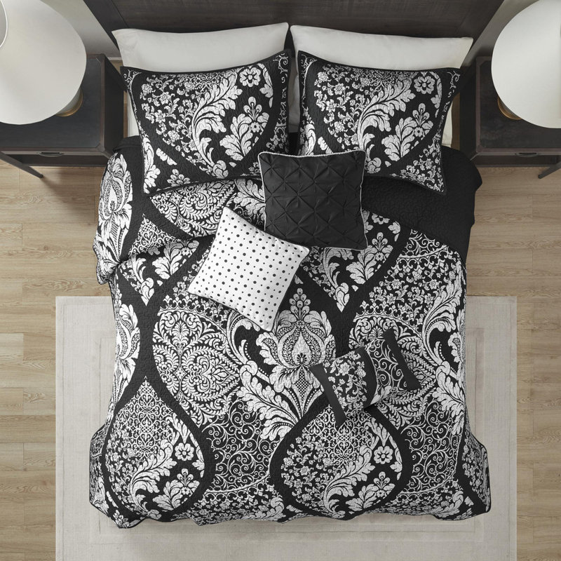 Ensemble de courtepointe réversible en coton 6 pièces, Noir, noir, noir, noir, King Quilt + 5 Additional Pieces