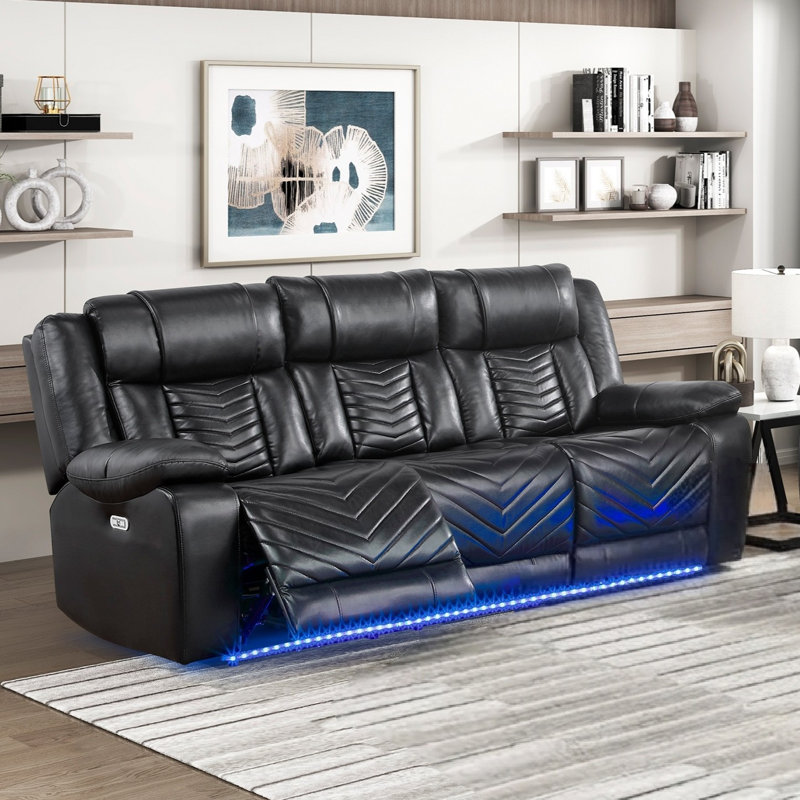 Ensemble de canapé noir luxueux 2 pièces avec causeuse inclinable électrique à DEL avec ports de charge et porte-gobelets avec chargeur sans fil et haut-parleurs
