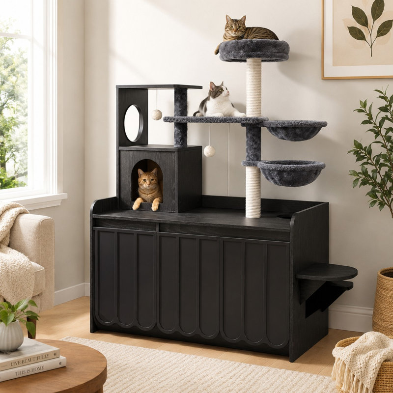 Arbre à chat 51 po avec enceinte pour litière et armoire de rangement, Noir