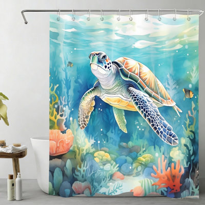 Watercolor Sea Turtle Underwater 72''x72'' (180x180 cm) Shower Curtain with Hooks Teal