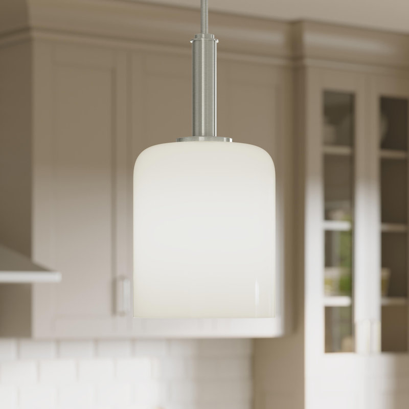 Luminaire suspendu en nickel brossé avec abat-jour en verre opale Reines, White, Nickel brossé