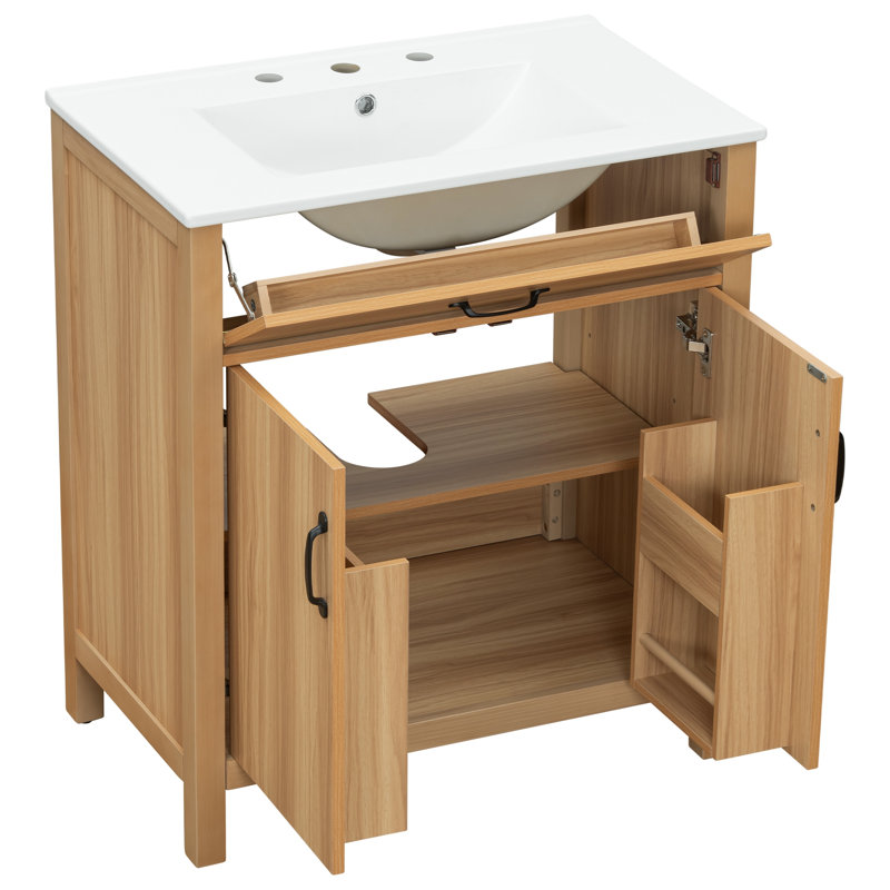 Meuble-lavabo de 30 po en bois avec cadre en bois massif, 2 portes à fermeture douce, 1 tiroir rabattable, tablette réglable, armoire de rangement moderne
