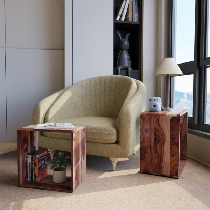 Modern Solid Wood Nesting Tables, Set of 2 with Open Storage, Natural Finish, Natural