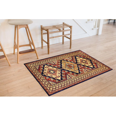 Aala Geometric Handmade Hand-Knotted Rectangle 4'4" x 5'11" Wool Area Rug in Blue/Ivory