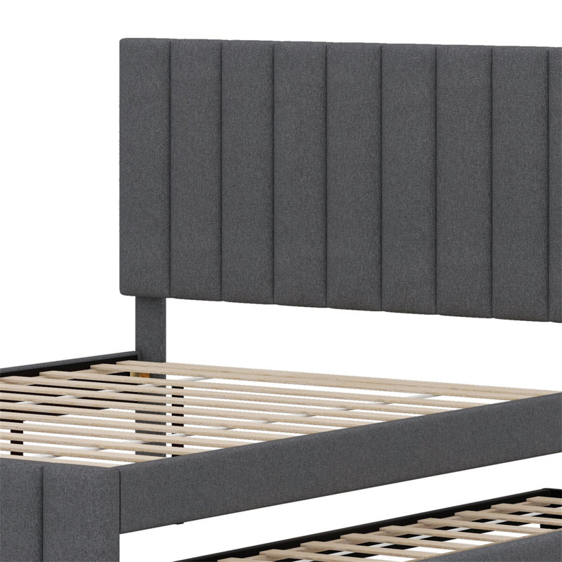Lit plateforme tapissier avec lit gigogne et 3 tiroirs, Gris
