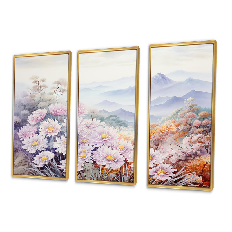 Mums Flowers In Mountain Scenery - Ensemble de décorations murales fleurs, Cadre flottant doré, H 32 po x l 48 po x P 1 po