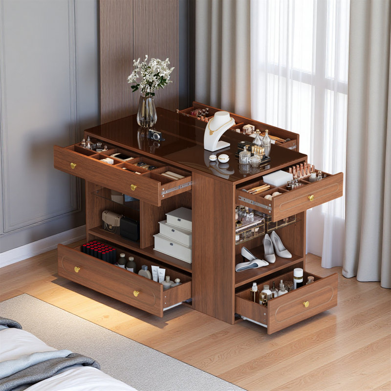 Îlot de rangement élégant avec 6 tiroirs - îlot de garde-robe moderne avec dessus en verre et tablettes ouvertes - îlot de rangement pour bijoux polyvalent
