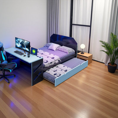 Full Size Wood Daybed With Twin Size Trundle,Desk And USB