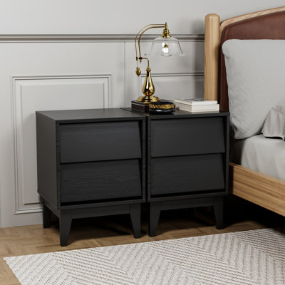 Mid Century Modern Nightstand In Black, Vintage Style With Hidden Drawer Pulls, Material, Ample Storage For Bedroom Vintage-Style Black Bevel Design Bedroom, 2-Layer Storage, Solid Wood Legs, Easy