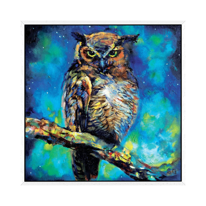 Great Horned Owl by Sue Gardner - Painting on Canvas, 45.72 cm H x 45.72 cm W, White Framed