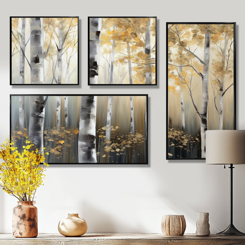 Birch Tree Dense Forest III - impressions sur toile modernes 4 panneaux, Impression encadrée sans passe-partout, Noir