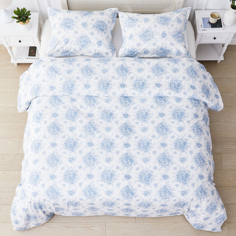 Floral Etching Percale Cotton Duvet Set, Blue, Queen Duvet Cover + 2 Pillow Shams