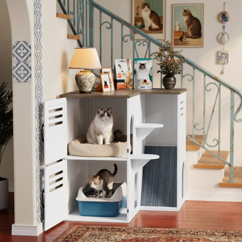 Meuble d'angle pour litière en L avec marches pour perchoir pour chat et rampe à gratter en feutre, litière cachée pour chat avec grand plateau de table, cabinet de toilette d'intérieur en bois pour chat