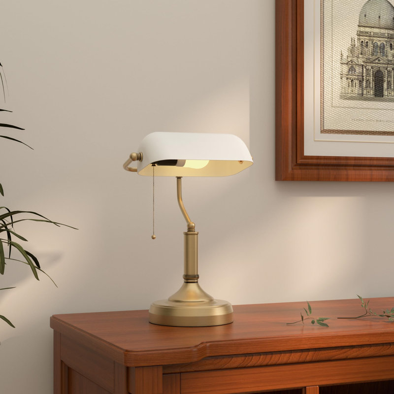 Banker's Table Lamp Desk Lamp With Antique Bronze Tone Base, Glass Shade And Pull Rope Switch For Home Office, Living Room, Bedroom, Dining Room