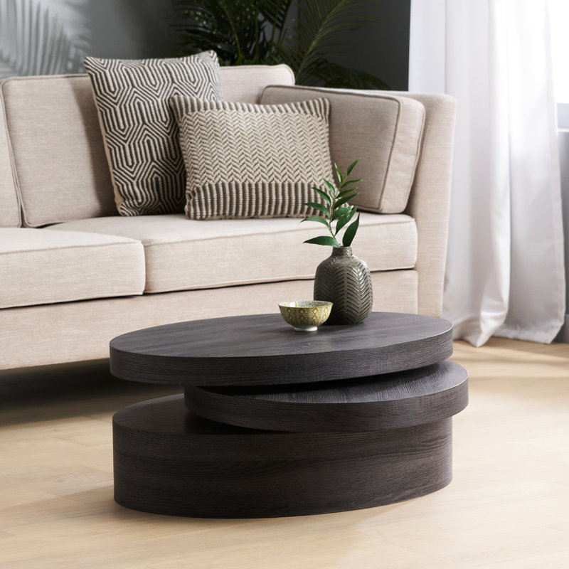 Table basse ovale noire mate avec plateau pivotant et fonction de rotation de style moderne nécessitant un assemblage minimal