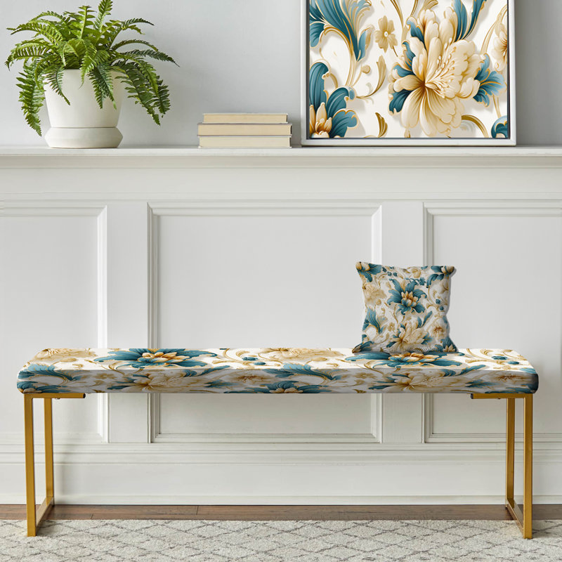 Banc rembourré damassé doré, Victorian Blue And White Flowers