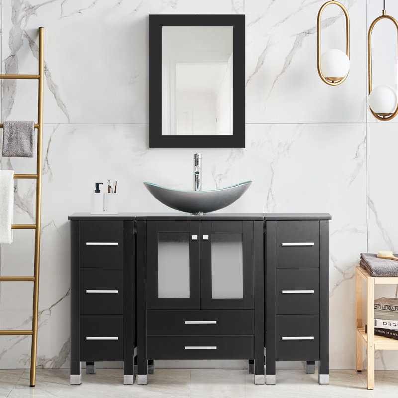 Meuble-lavabo simple 48 po avec plateau Graycelyn, Noir, Bleu