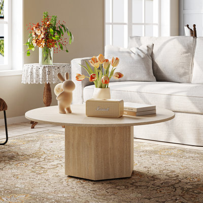 Table basse ronde en bois 35,43 ", table de salon moderne, beige