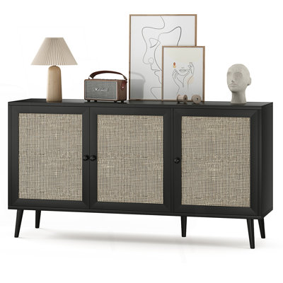 Sideboard Buffet Cabinet With 3 Rattan Doors, Modern Kitchen Storage Console Cabinet, Accent Cabinet