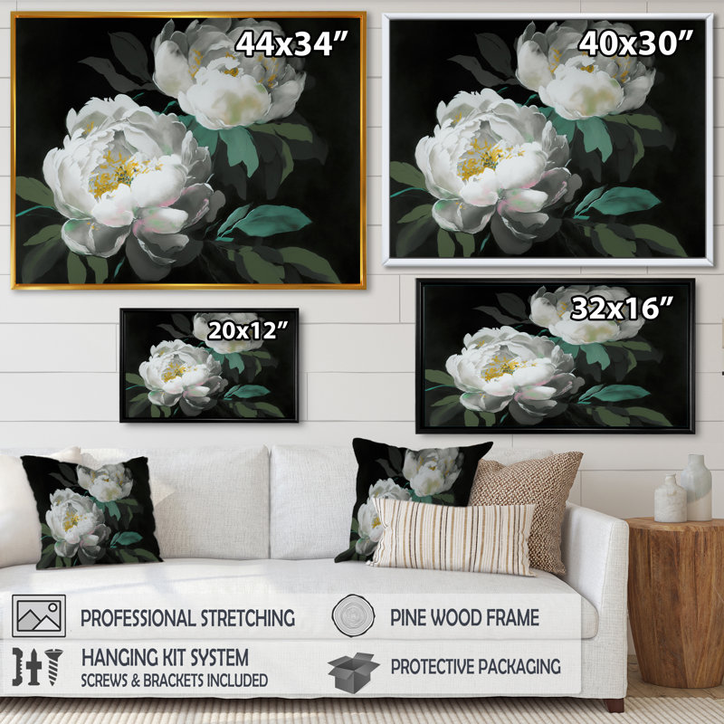 «Blooming White Peony IV», reproduction sur toile, L 32 po x H 16 po, Toile à cadre flottant noir