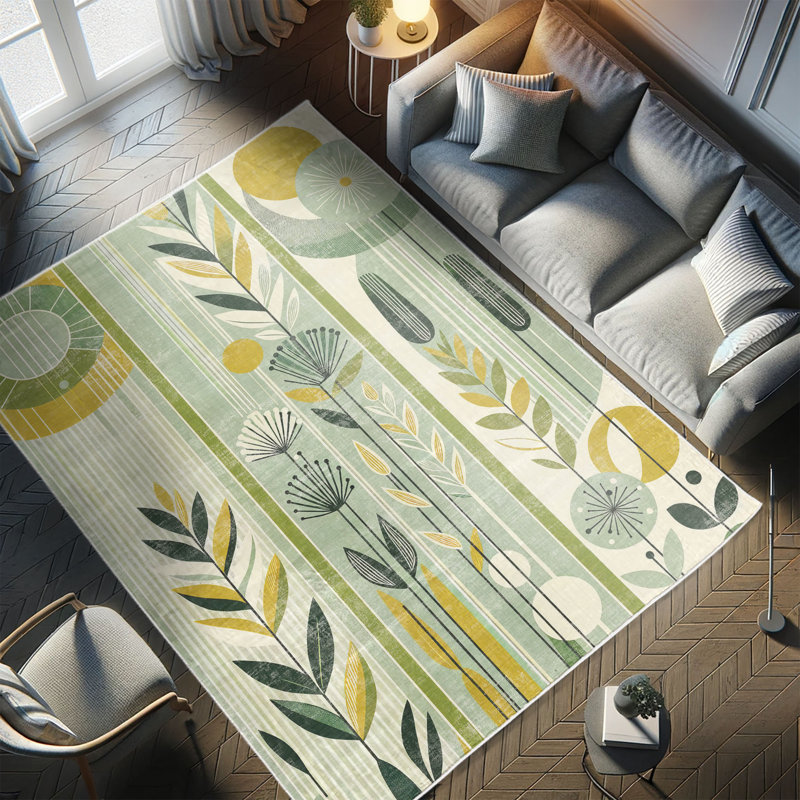 Mint Green and Mustard Floral Mid Century Modern Area Rug