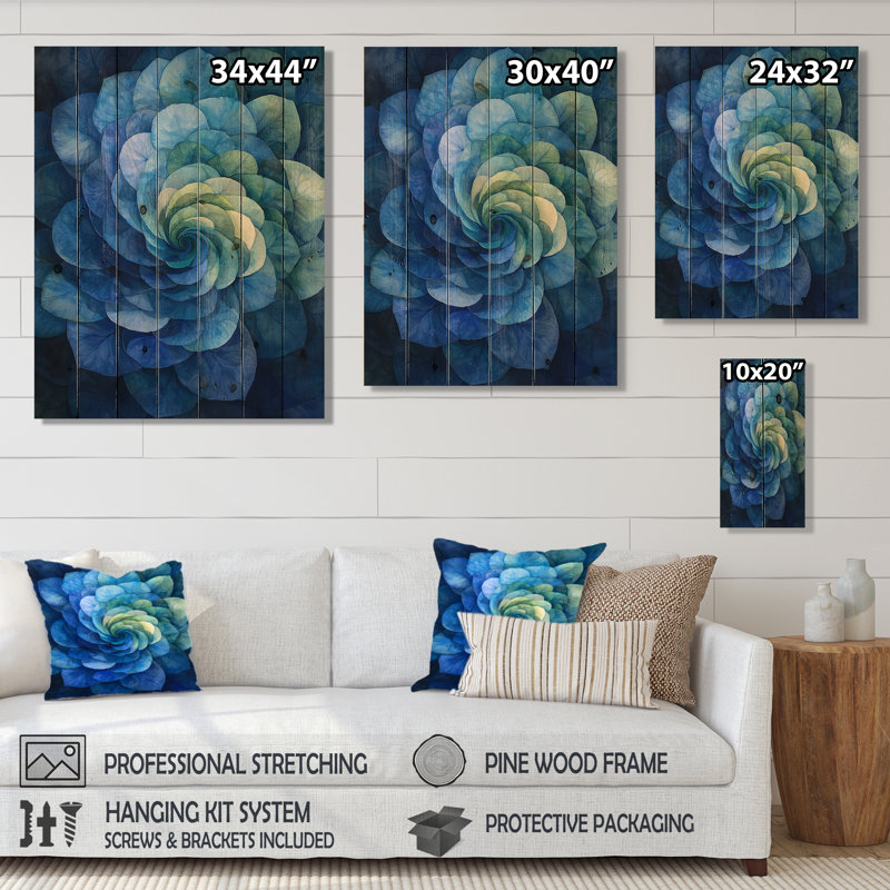 Hortensia bleu et vert Vortex I - impression sur bois d'hortensia - sur bois de pin naturel, H 32 po x l 24 po x P 0,78 po