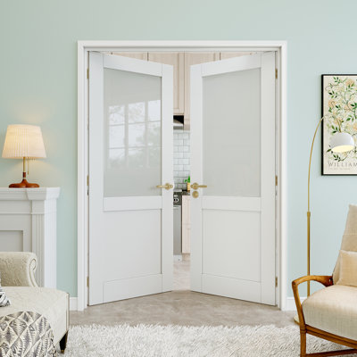 64" x 80" Half-Lite Frosted Glass Double Doors, French Doors Slab Replacement, Privacy Glass Door Slab, Paintable & Waterproof, Suit for Pantry Door, Laundry Door, Closet Door, Room Door, Home Office Door