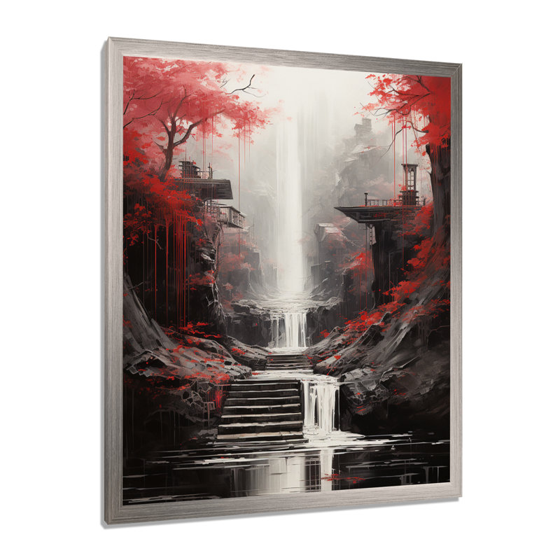 «Red Tree Endless Waterfall Journey», art sur toile, Cadre simple argenté, H 32 po x l 16 po x P 1 po