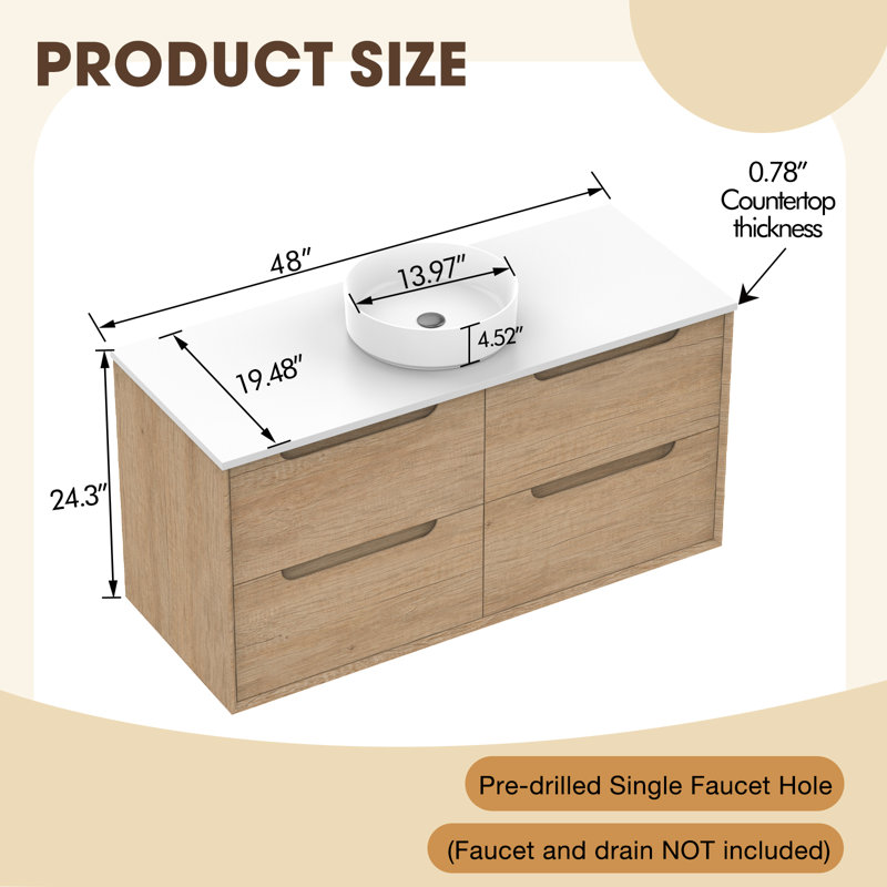 Meuble-lavabo mural en chêne naturel avec vasque ronde en céramique, 48"