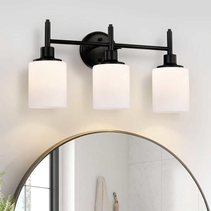Éclairage pour meuble-lavabo contemporain noir mat à 3 lumières avec abat-jour en verre blanc, à intensité variable, câblé, classé humide, 2 options de finition