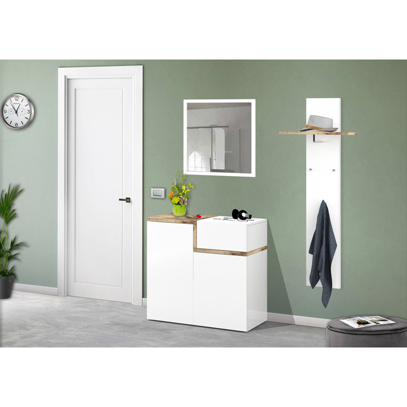 Haines 16 Pair Shoe Storage Cabinet, Glossy White/Maple Pereira