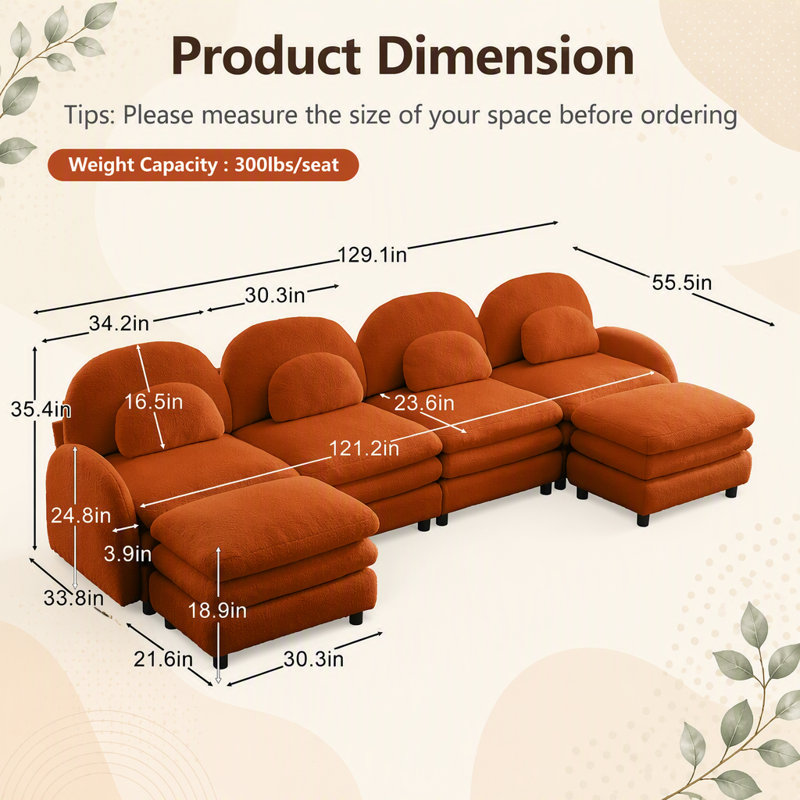 Canapé modulaire Teddy, 129.1" W, Orange Teddy